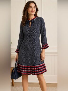 Boden Polka Dot Pleated Hem Dress UK 12P US 8P Navy Red Ruffle Trim Preppy Mini